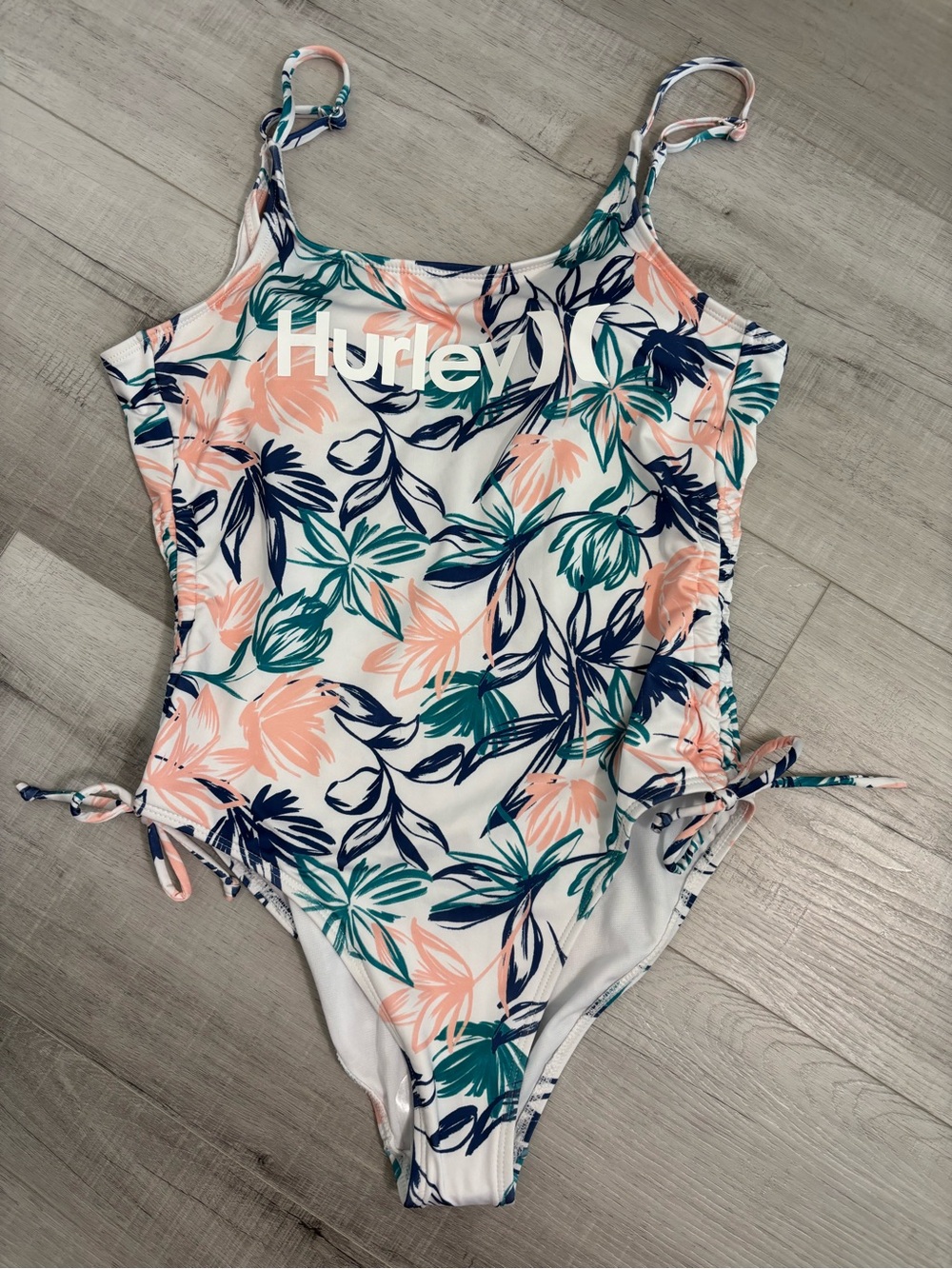 Hurley Floral Side Tie One Piece Swimsuit L Tropical Navy Coral Teal